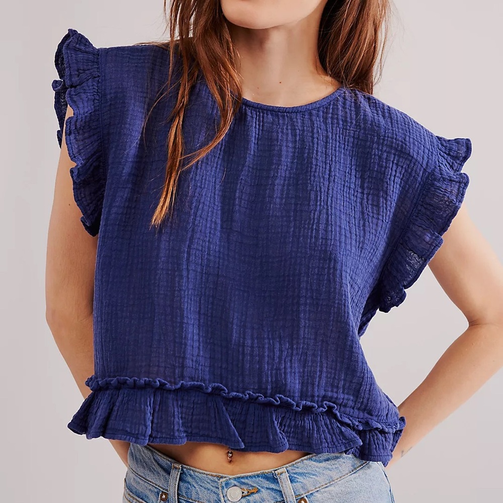NWOT - Free People, Fall In Love Top, Navy, 100% Cotton, Lightweight, Size Small